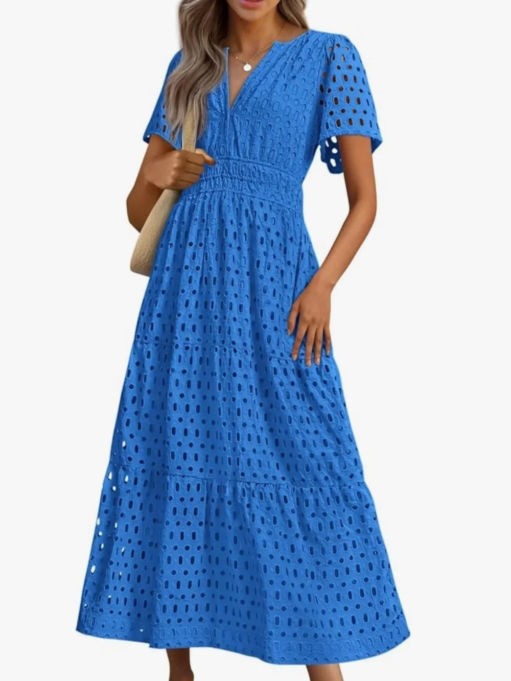 PRETTY GARDEN Eyelet Royal Blue Midi Dress, Vneck, Pockets, Size Small New!